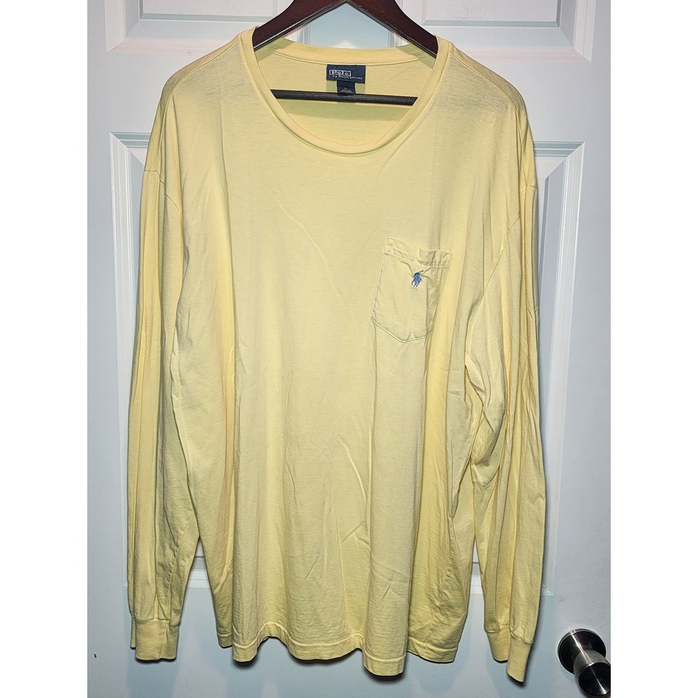 Vintage 80s Polo Ralph Lauren Yellow Long Sleeve Pocket T-Shirt Mens XL Cotton